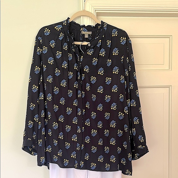NEW Button Down Long Sleeve Blouse Navy Blue with Yellow + Dockside Blue Floral - Picture 1 of 15